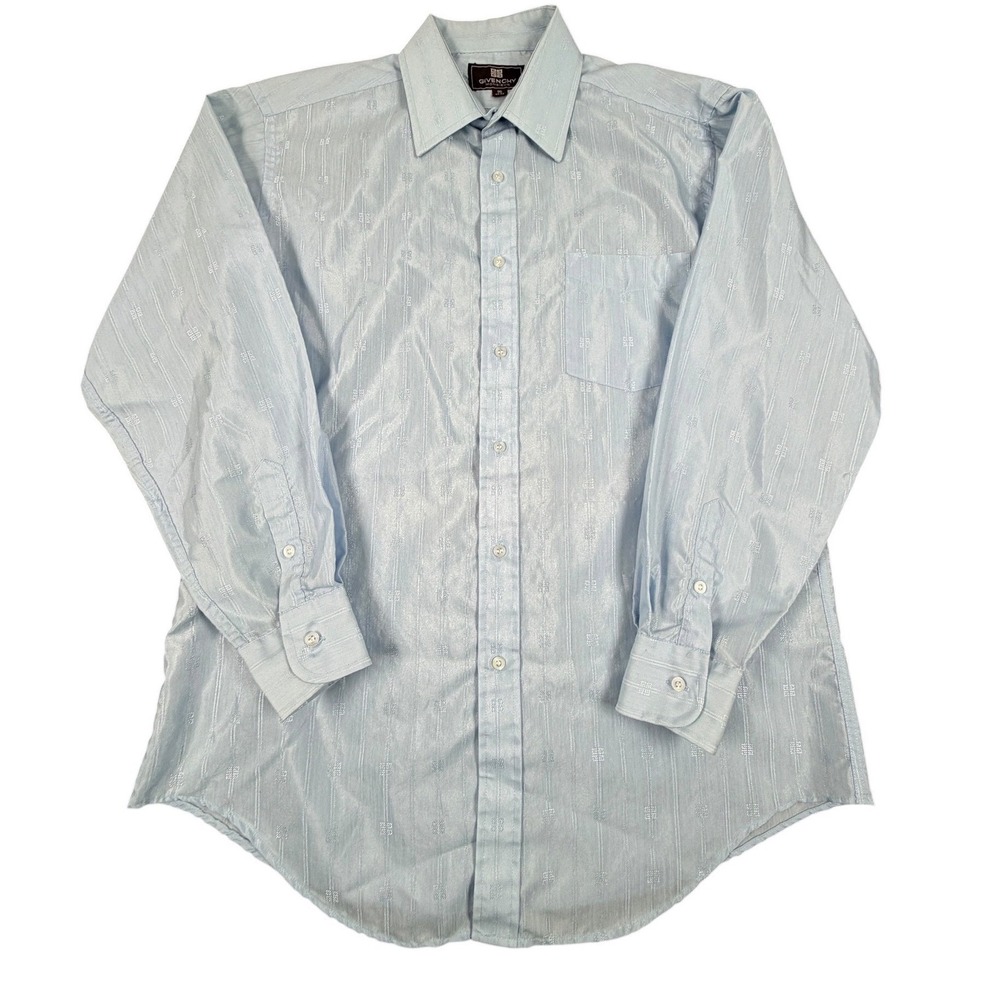 Givenchy Dress Shirt Men 16 Light Blue Monogram Logo Jacquard Stripe Long Sleeve